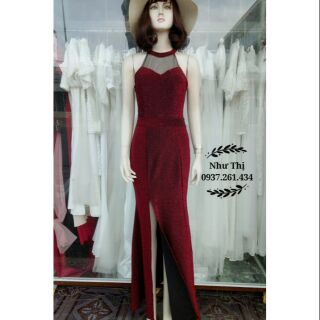 (free chỉnh sửa váy) đầm dạ hội body cổ yếm đuôi cá xẻ tà, đầm dạ hội ôm kim tuyến xẻ tà