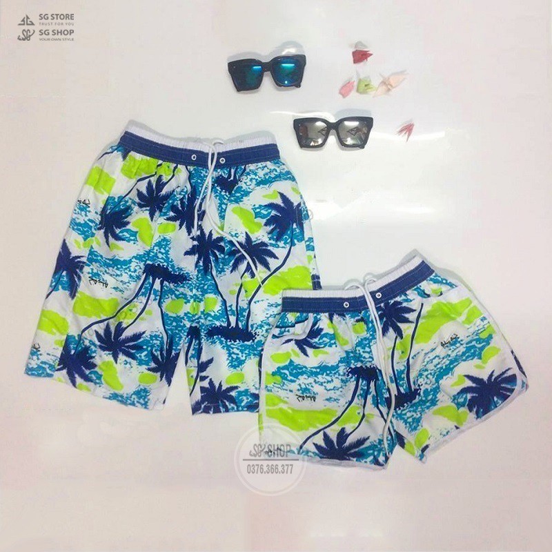 Quần đi biển cặp đôi nam nữ hội nhóm Quần short đùi gia đình đi biển cây dừa, nhanh khô QDB08 | SG