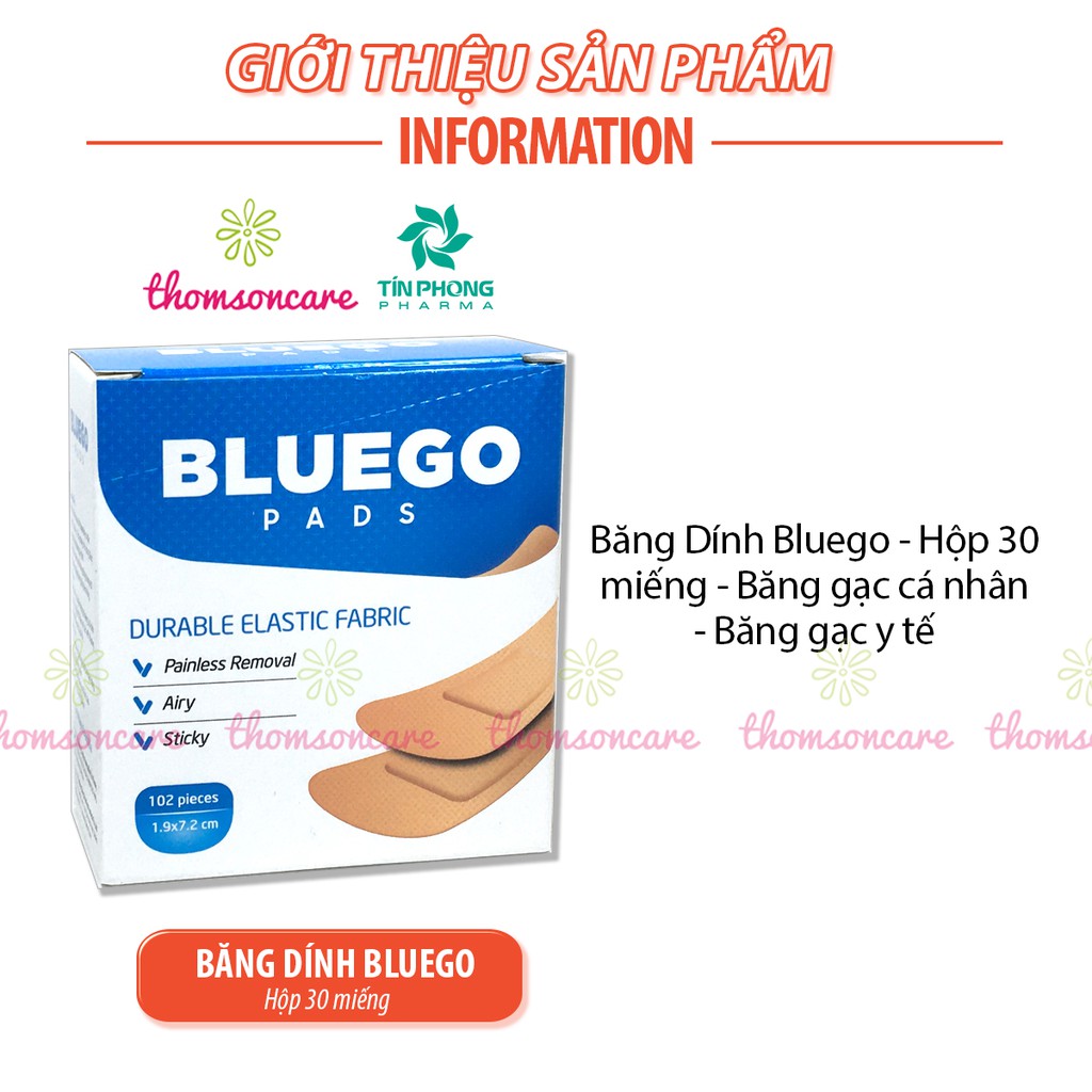 Băng vết thương cá nhân Bluego - Hộp 102 miếng - Băng keo mini y tế, sơ cứu đứt tay, che mụn