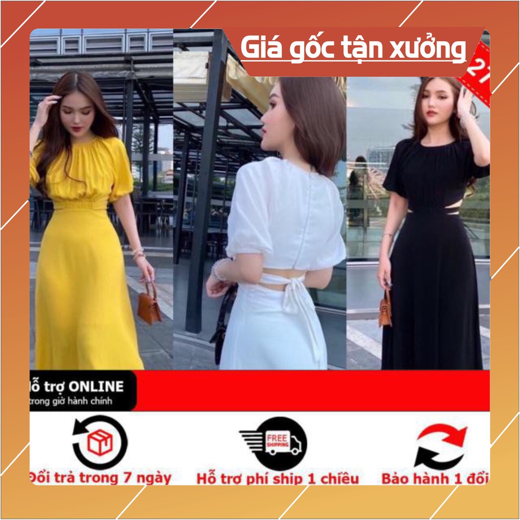 Đầm maxi tay phồng cột eo