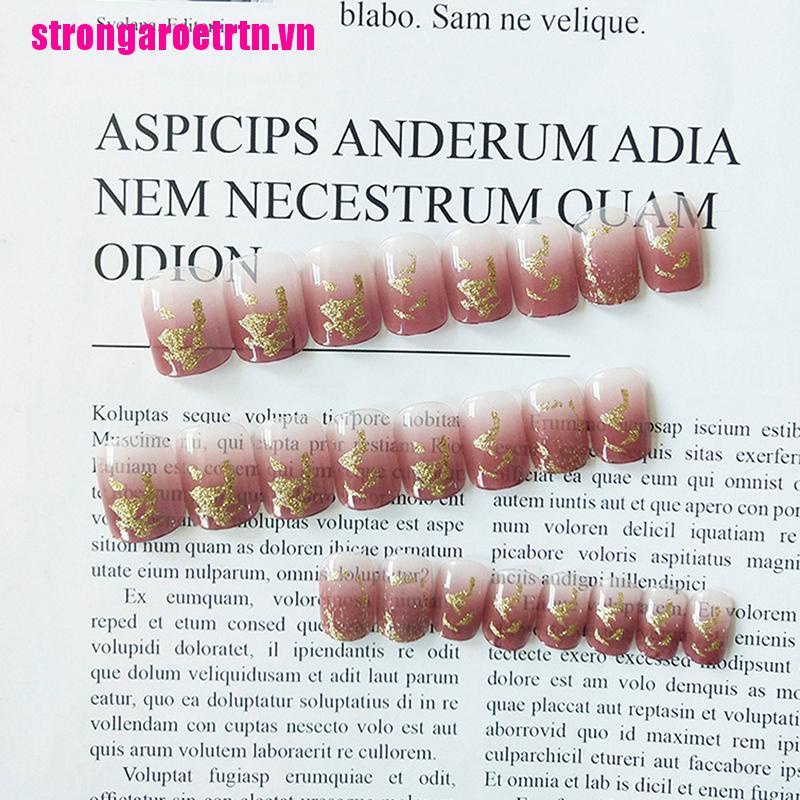 【strong】24 Pcs Gradient Gold Leaf False Fake Nail French Shiny Press On Manicu