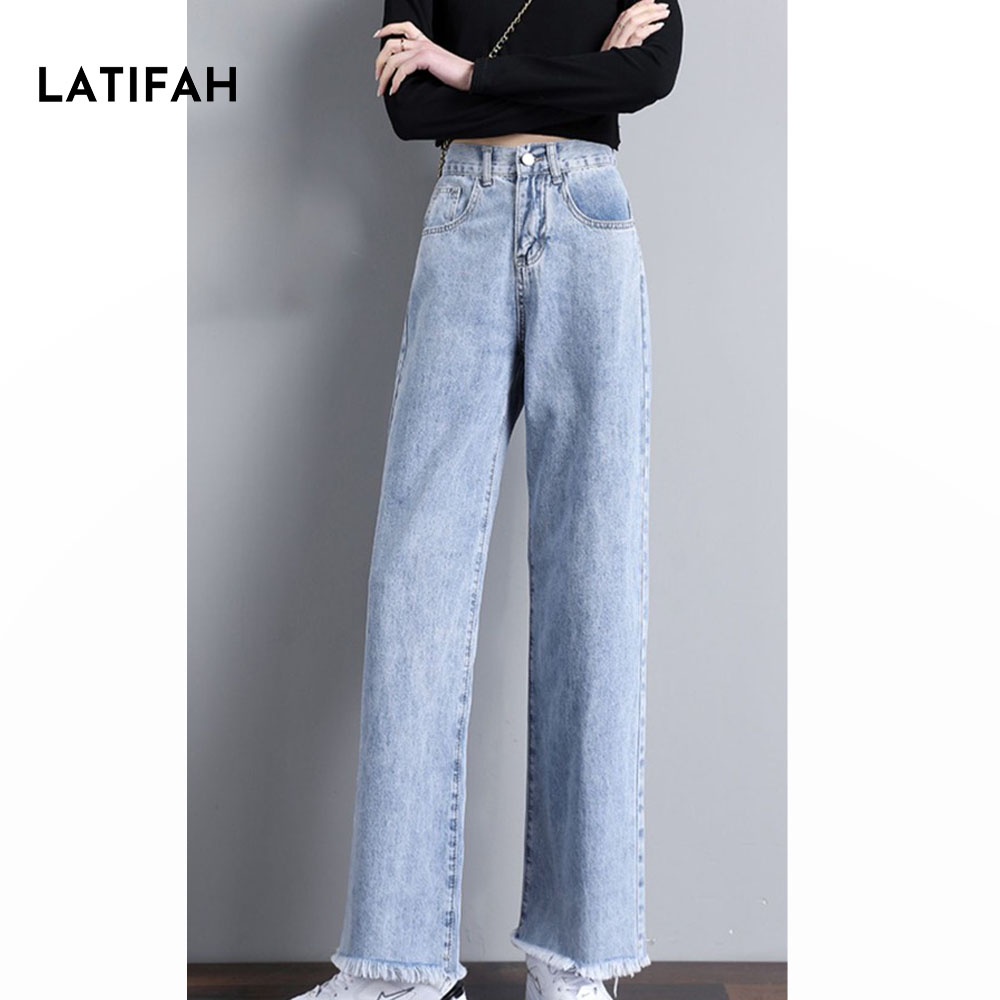 [Mã BMLT35 giảm đến 35K đơn 99K] Quần baggy jeans nữ LATIFAH ống rộng đơn giản tua lai dài 101cm QD040 ulzzang hàn quốc