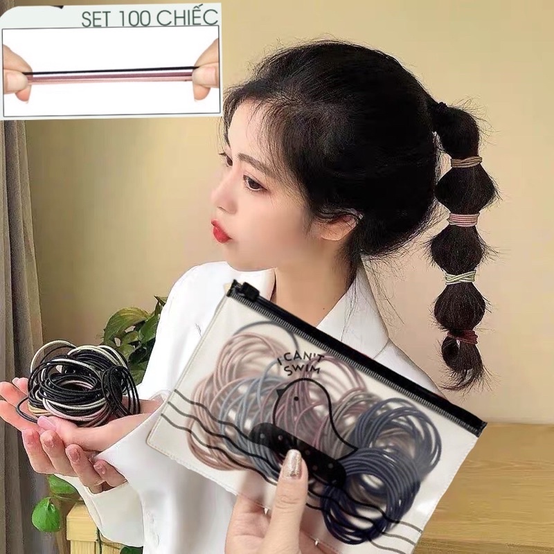 COMBO  100 chun buộc tóc kèm túi Zip - thun cột tóc trơn nhiều màu cho bạn gái
