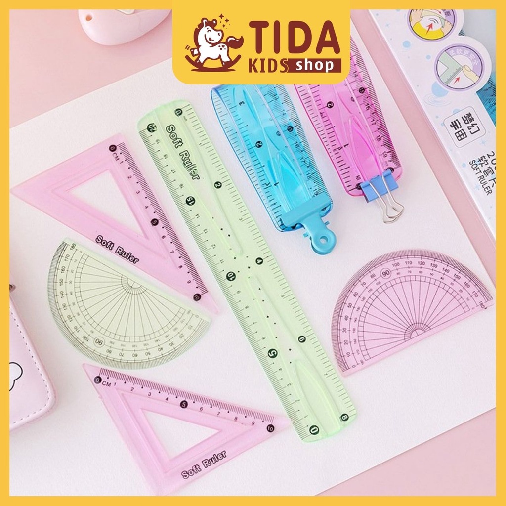 Set 4 Thước Kẻ Dẻo ⚡️ HOT TREND ⚡️ Thước Dài 20cm, Eke, Đo góc Cute, Dễ thương, Văn Phòng Phẩm TiDa Kids Shop