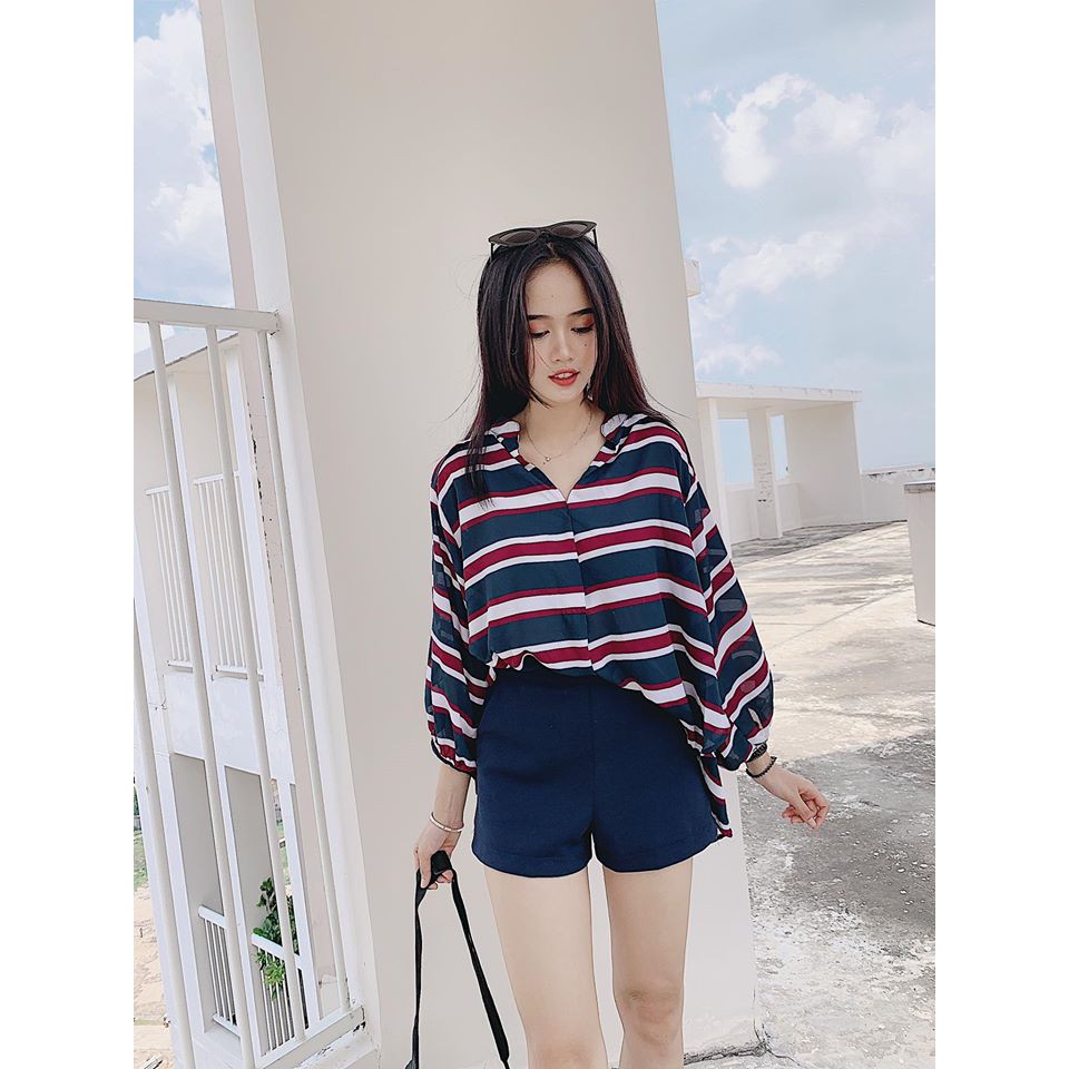 Thanh lý áo sơ mi kẻ sọc form rộng tà lệch