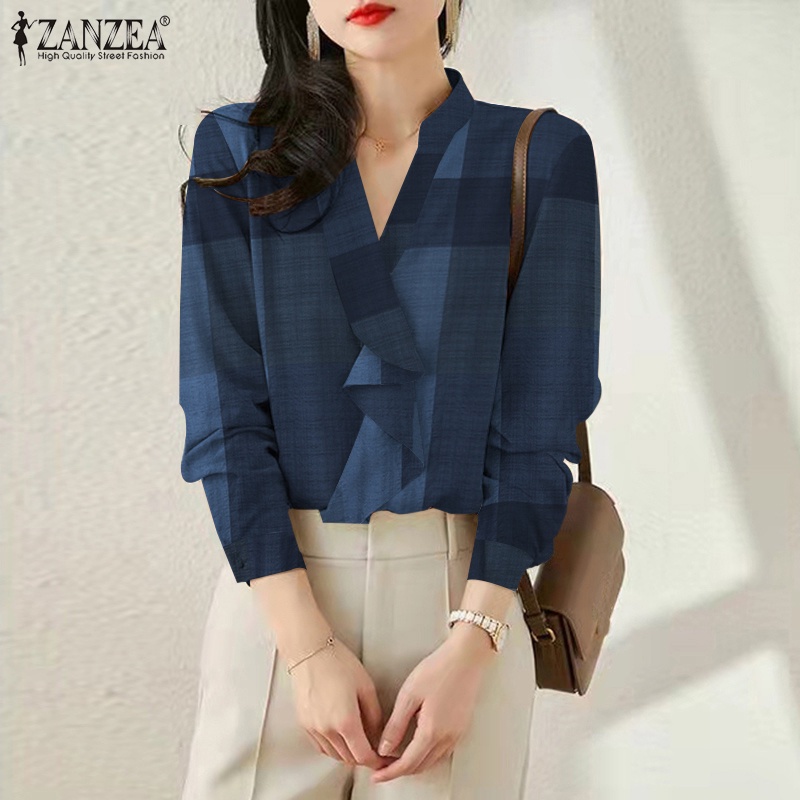 Áo sơ mi ZANZEA tay dài cổ chữ V kẻ sọc caro phong cách vintage cho nữ