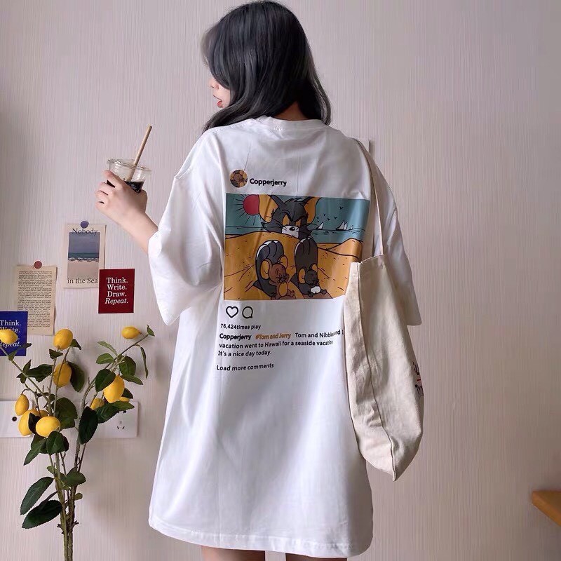 Áo Thun Mèo Tom Và Chuột 2 màu ĐEN, TRẮNG. Áo thun tay lỡ form rộng Unisex 38-65kg Nam Nữ