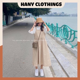 Set đồ nữ, bộ yếm nữ Kaki dáng dài form rộng kèm áo thun cotton màu BE X003