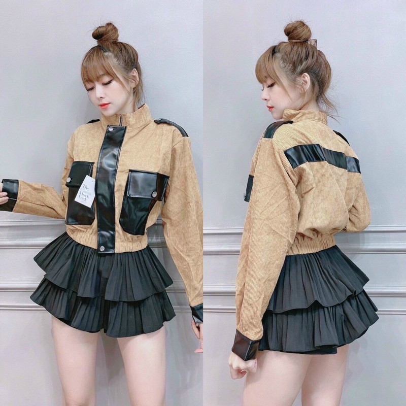 Áo khoác nhung nữ bomber form lửng phối túi da xinh xắn | BigBuy360 - bigbuy360.vn
