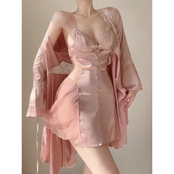 🌿Hàng quảng châu🌿Váy ngủ 2 dây lụa phối ren quyến rũ cho phái đẹp_lụa satin co giãn sexy 86.