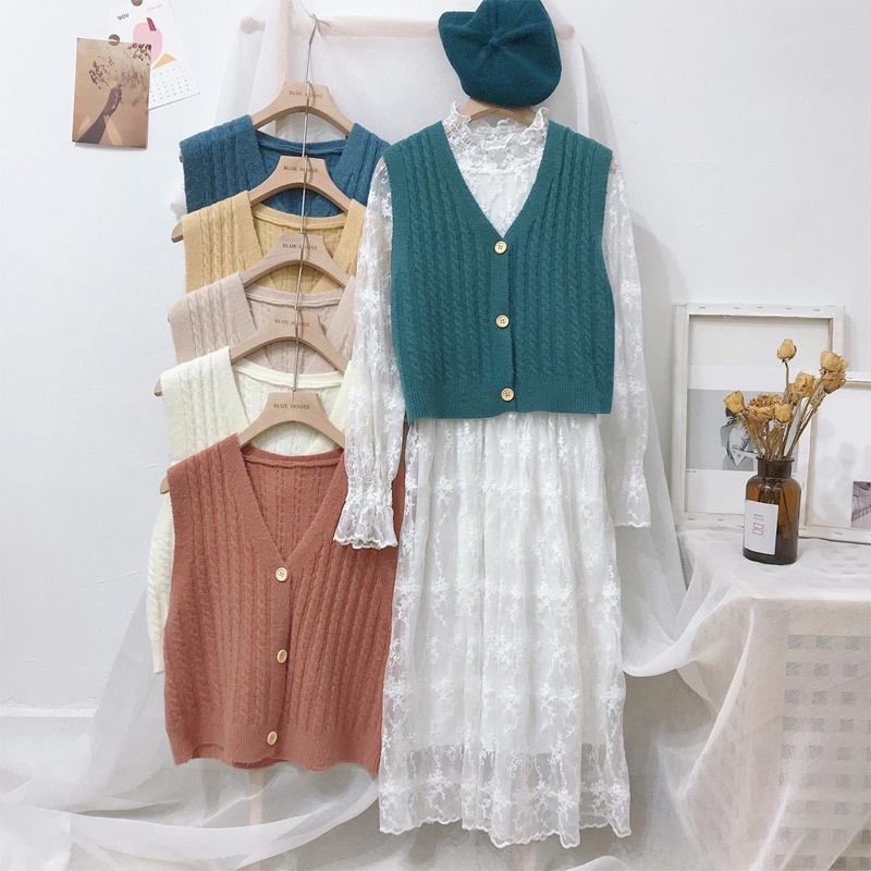 Áo ghi lê nữ cổ V đính cúc phong cách Hàn Quốc