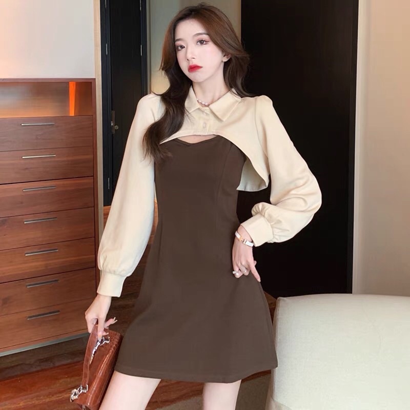 [Ảnh độc quyền] Sét váy áo cổ sơ mi cài cúc mix đầm 2 dây nữ dáng chữ A phong cách Hàn quốc | BigBuy360 - bigbuy360.vn