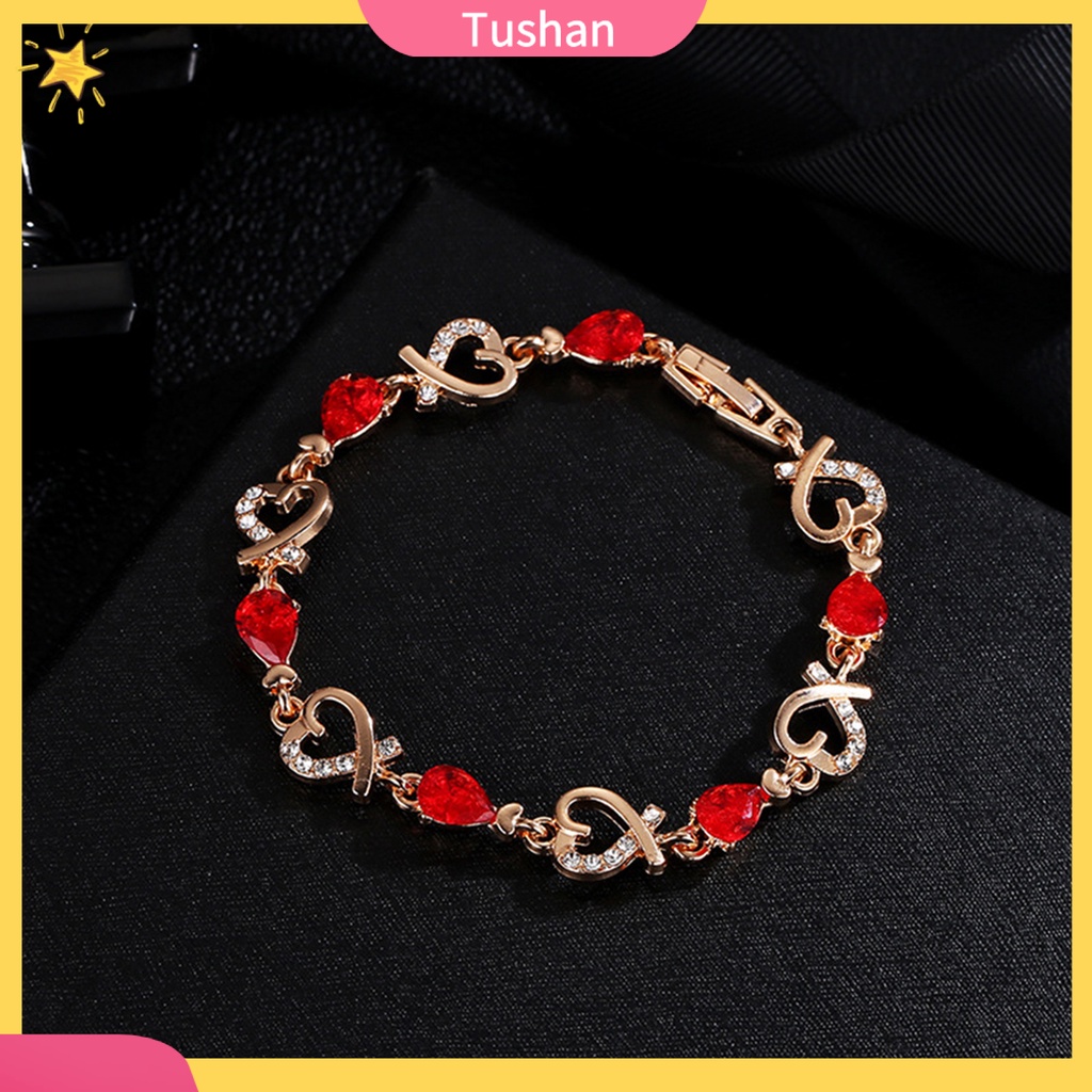 TUSH_Women Cubic Zirconia Inlaid Hollow Love Heart Charm Bracelet Bangle Jewelry Gift