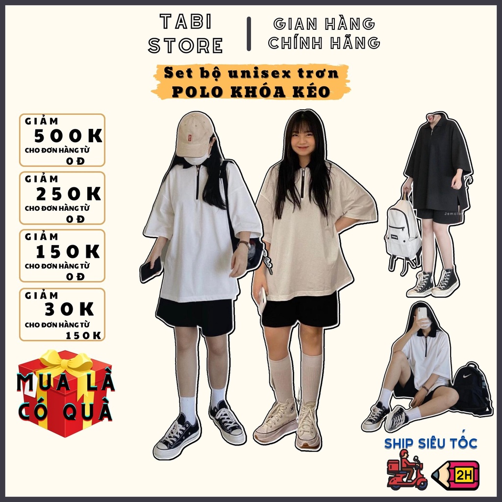 Set áo polo khoá và quần short đen