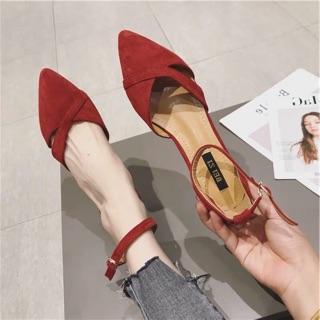 SALE-Giày búp bê 3 phân da lộn quai gài cổ chân size 35