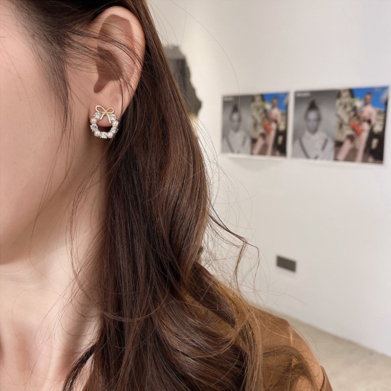 Bông tai trang trí nơ đính hạt ngọc trai phong cách Hàn Quốc dành cho nữ