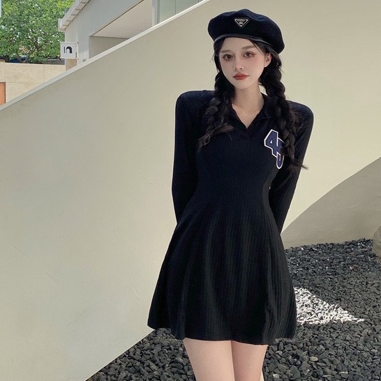 Váy Polo Nữ Thêu Số 45 Chất Thun Tăm Đầm Xoè Cổ Bẻ Sơ Mi Dáng Bassic Sexy Hàn Quốc | BigBuy360 - bigbuy360.vn