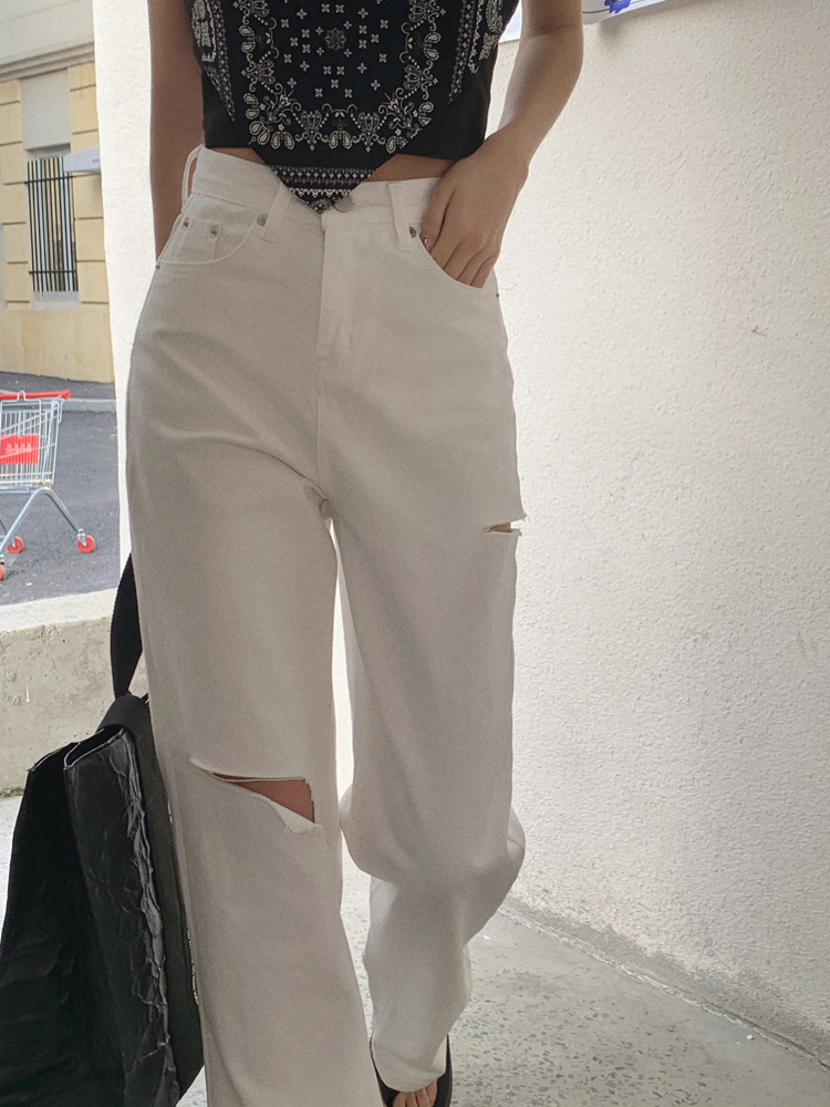 Quần Jean Nữ Lưng Cao Ống Rộng Rách Gối Thời Trang 43400