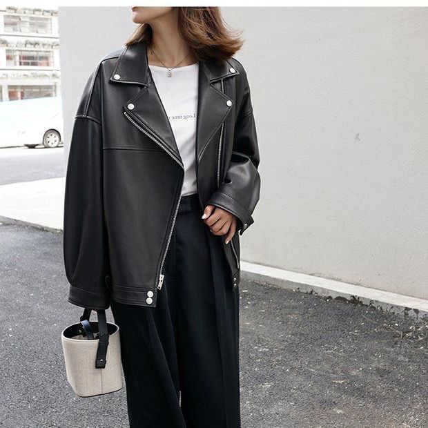 Áo khoác da PU dáng rộng phong cách đường phố Hồng Kông thời trang thu đông cho nữ