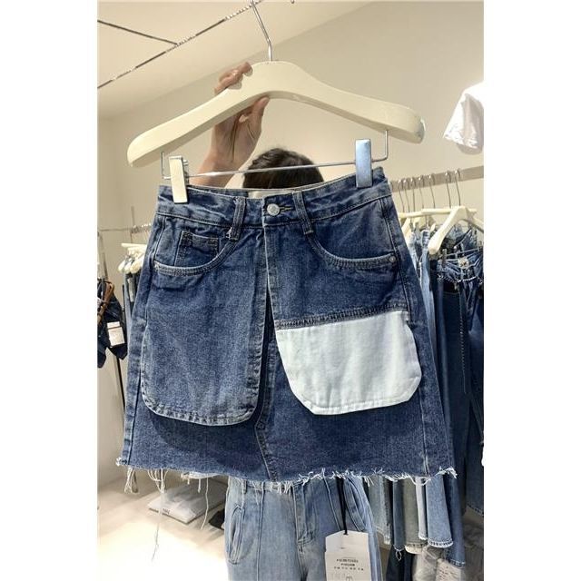 Jiashucheng Chân Váy Denim Chữ A Lưng Cao Phối Túi Thiết Kế Bất Đối Xứng Phong Cách Hàn Quốc Thời Trang Mùa Hè Cho Nữ