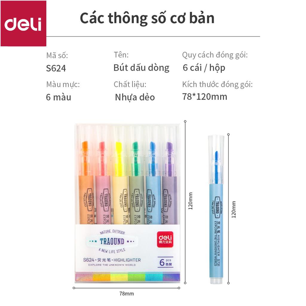 Bút highlight dấu dòng dạ quang Deli – 6 chiếc/ hộp - S624 [Deli]