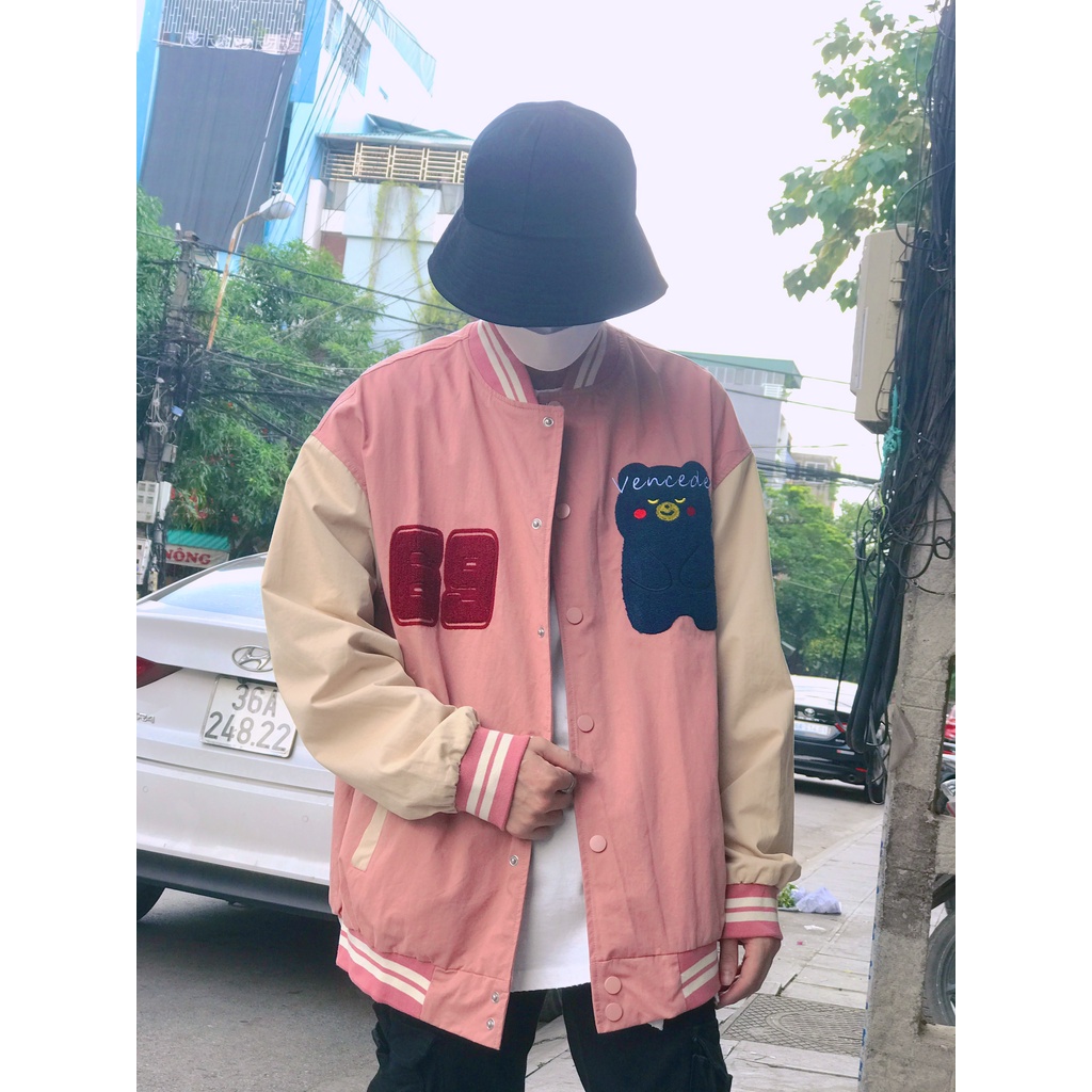 Áo varsity nỉ lót lông hồng gấu - Áo bomber thu đông Unisex nam nữ - 97 Northside
