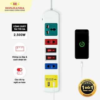 Ổ cắm điện đa năng có USB Honjianda Mã 03 Loại 2 công tắc Dây 3m - an toàn chống quá tải