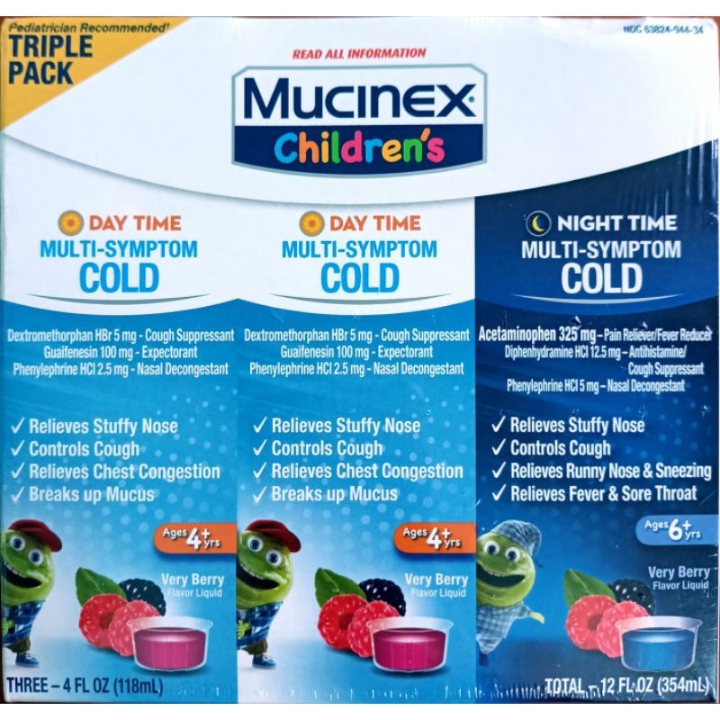 Set 3 chai Siro Mucinex Children’s Multi-Symptom Cold Day &amp; Night 118ml x3 chai MỸ