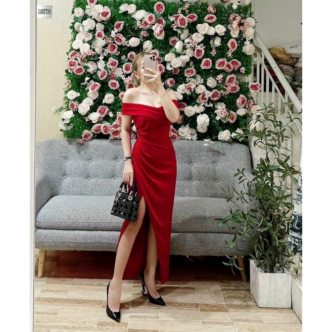 Đầm maxi bẹt vai xẻ đùi TRIPBLE T DRESS chất phi thun lụa - MS240Y