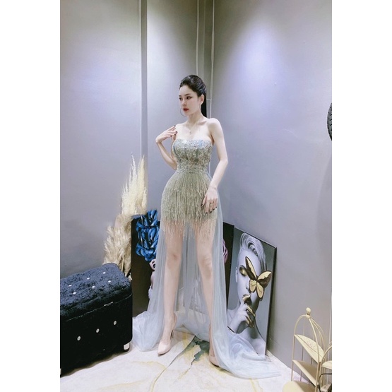 Đầm body dự tiệc TRIPBLE T DRESS kết đá phối lông vũ và tùng lưới - size S/M/L - MS392V