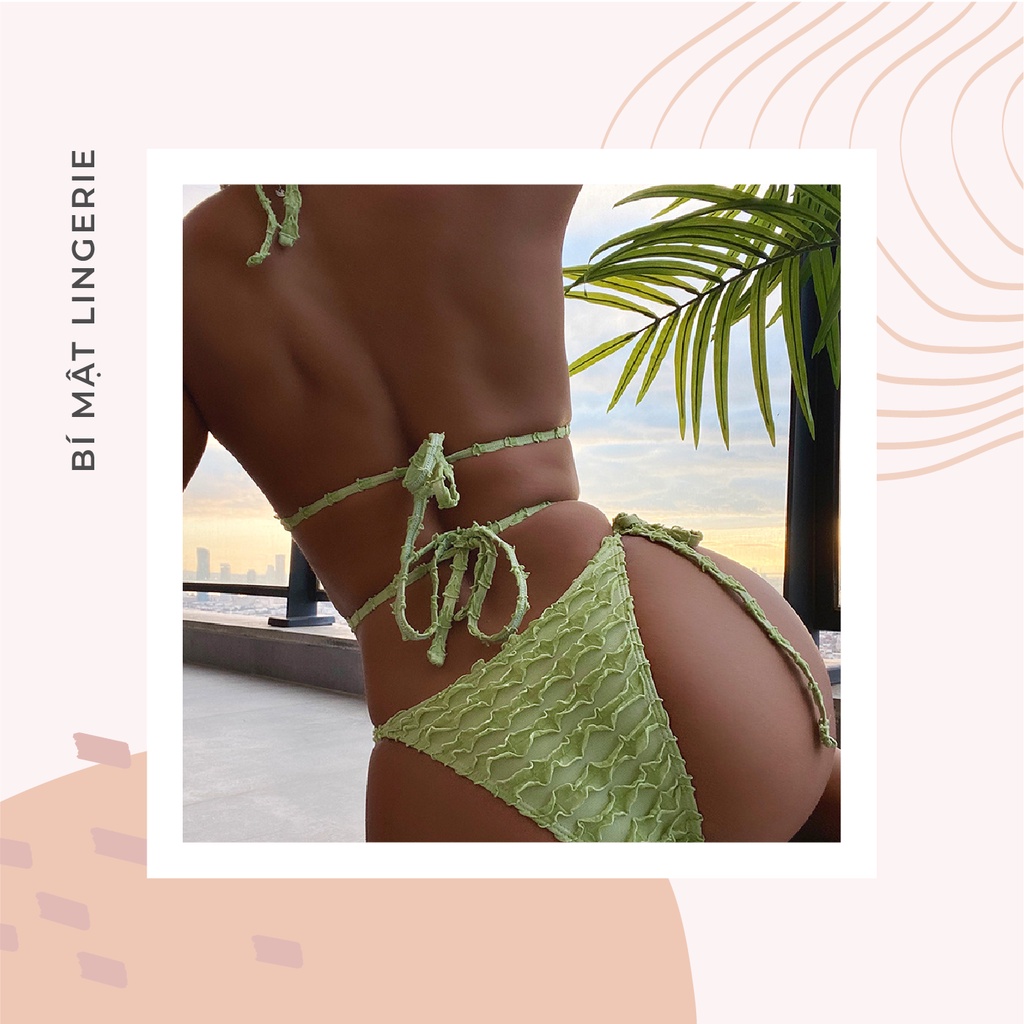 Bikini đồ bơi sexy buộc dây xanh bơ kèm dây đính đá lấp lánh vải nhún tôn da