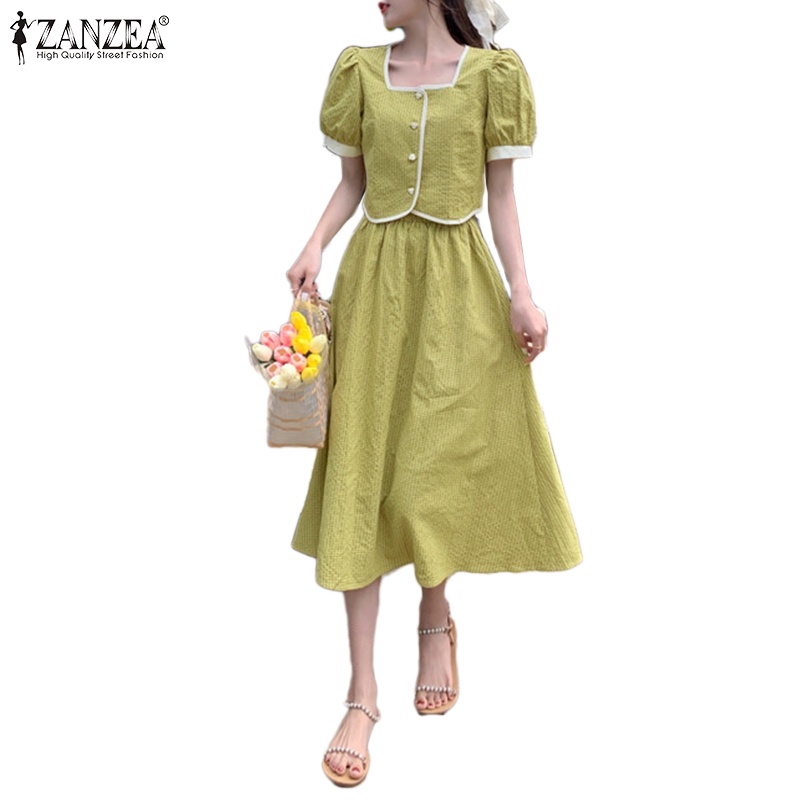 Set Zanzea gồm áo thun ngắn tay cổ vuông + chân váy dài thời trang nữ