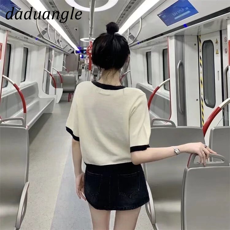 Áo sweater DADUHEY dệt kim tay ngắn kiểu croptop mỏng thời trang mùa hè mới 2022 dành cho nữ