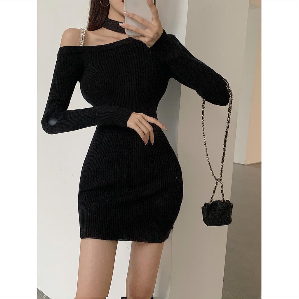 Đầm dệt kim tay dài trễ vai có thể tháo rời phong cách quyến rũ thời trang thu đông cho nữ