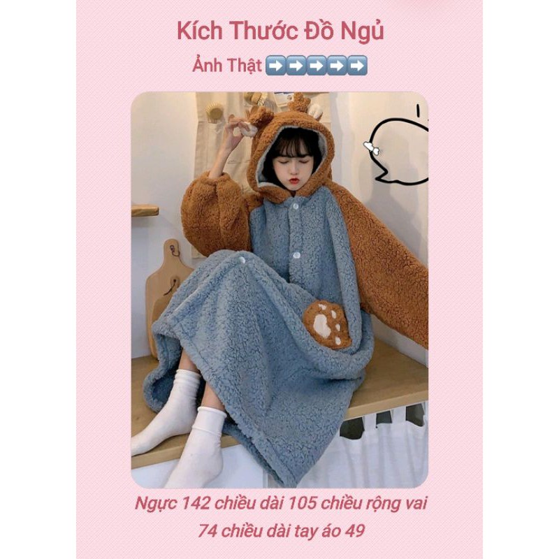 Váy ngủ bông, Áo choàng lông bông gấu nâu xanh kiểu dáng rộng túi bàn tay gấu dễ thương ấm áp