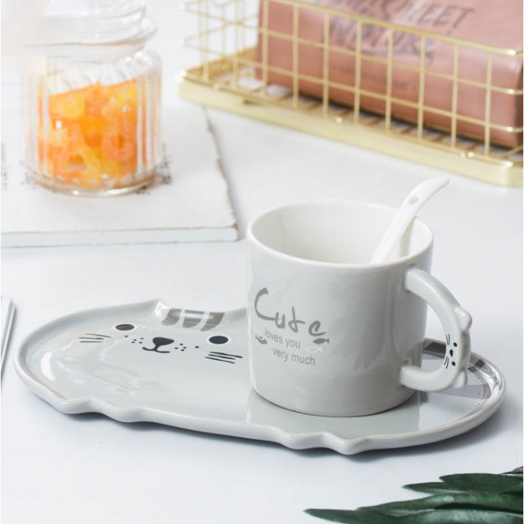 Ly Cốc Kèm Đĩa Con Mèo Mà Trèo Cây Cau Uống Cà Phê Detox Nước Ép Decor Nhà Cửa