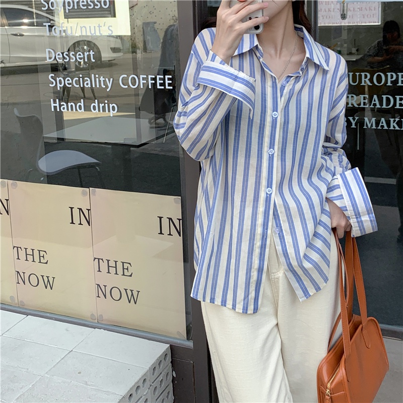 Áo Sơ Mi Tay Dài Họa Tiết Kẻ Sọc Phong Cách Retro Thời Trang