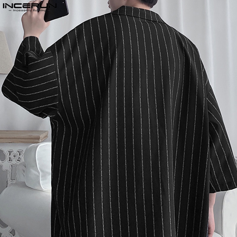 Set trang phục INCERUN với áo sơ mi kẻ sọc ngắn tay và quần ngắn lưng thun thời trang cho nam