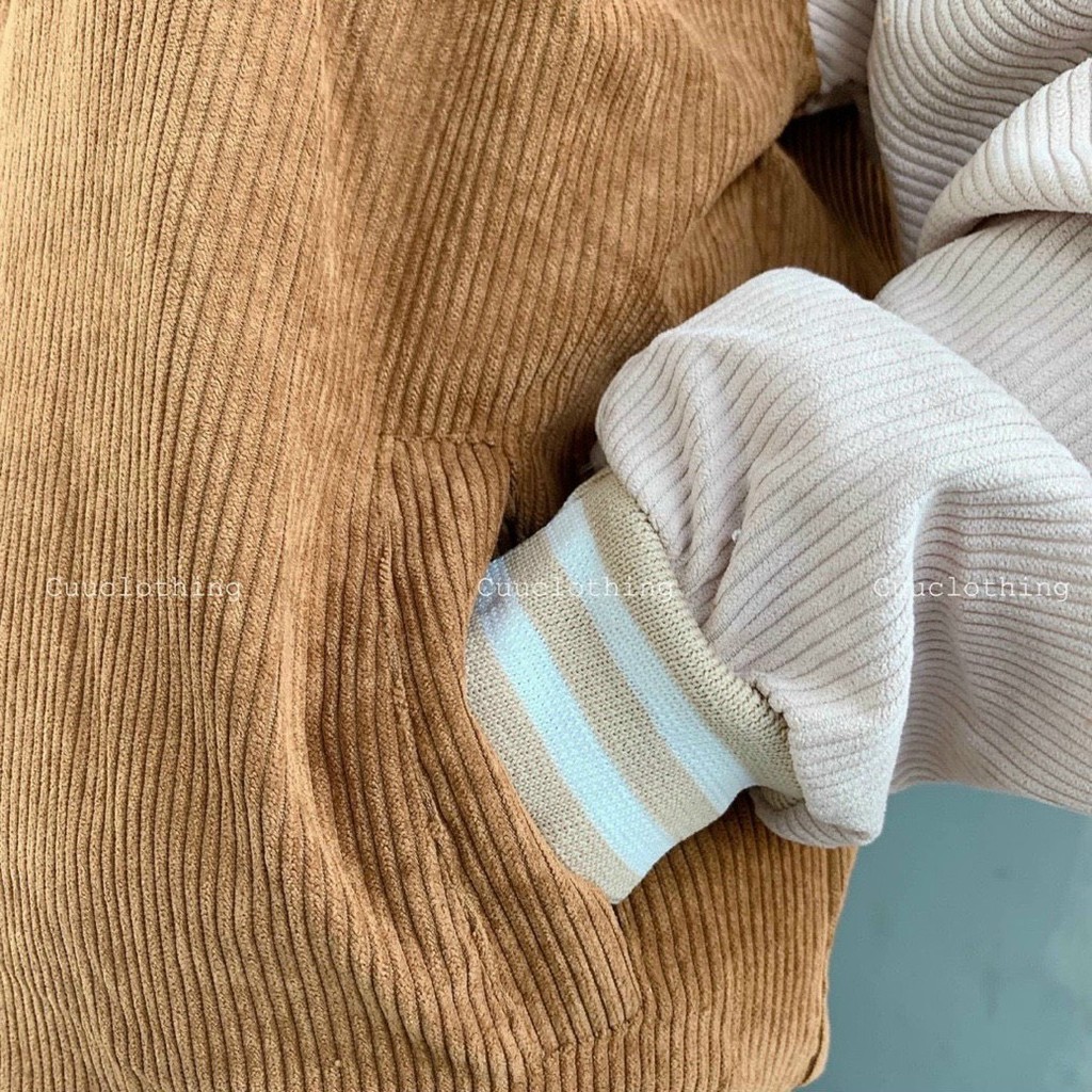 Áo Khoác Nhung Gân Form Rộng Bomber Cổ Bẻ Thêu Hình Gấu | BigBuy360 - bigbuy360.vn