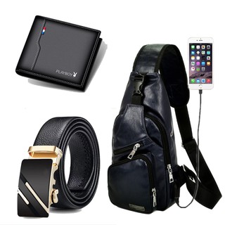 Combo túi đeo chéo nam 194, thắt lưng da nam 2xv tặng ví da nam v20