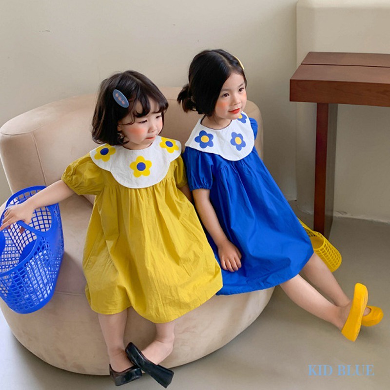 Đầm Công Chúa Mùa Hè Tay Phồng Cổ Bẻ In Họa Tiết Hoa Dễ Thương Phong Cách Hàn Quốc Cho Bé Gái