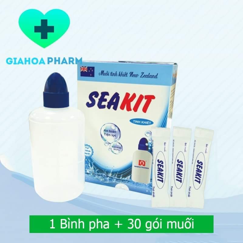 Bộ 1 bình pha rửa mũi + 30 gói muối Seakit (Muối tinh khiết New Zealand) an toàn trẻ sơ sinh, phụ nữ có thai, cho con bú