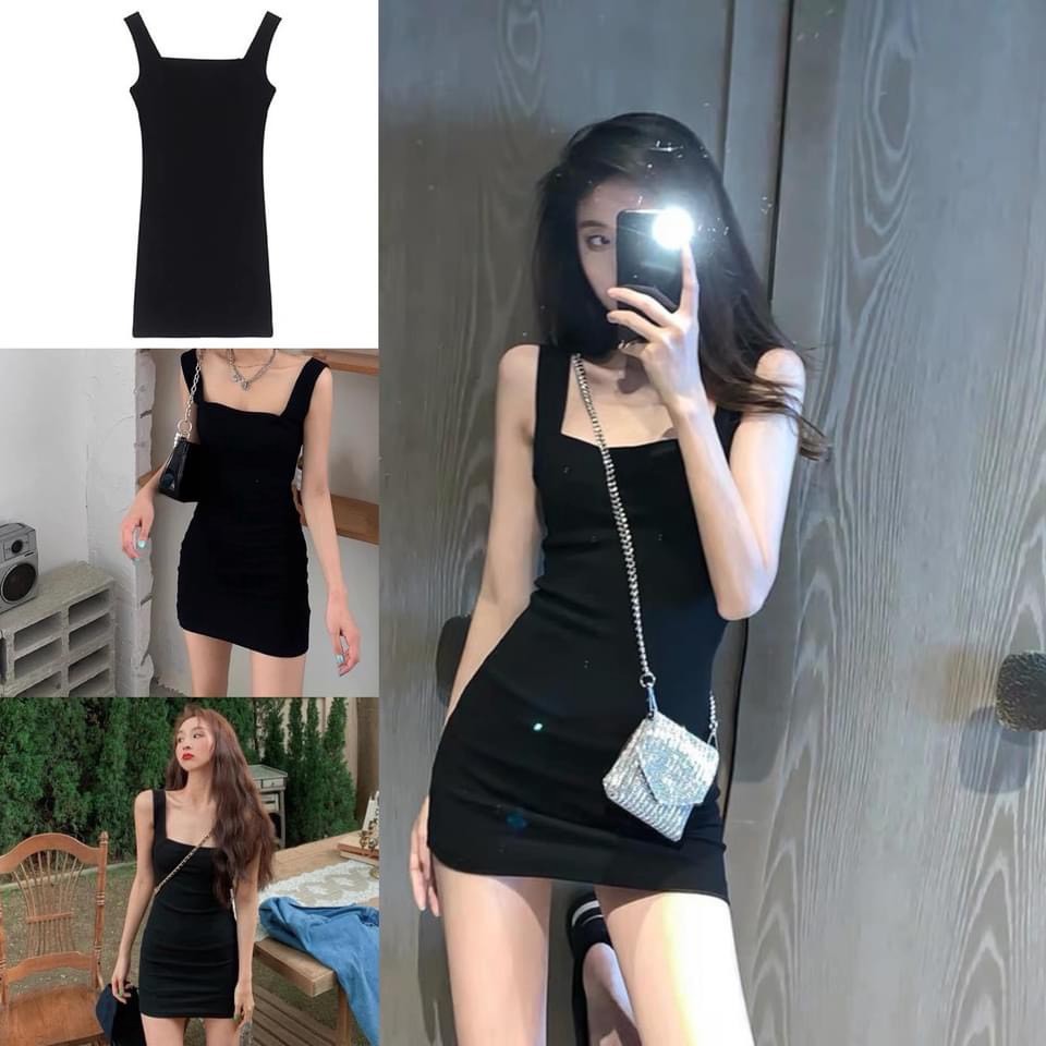 Váy Body 2 Dây Cổ Vuông PEONYB Nữ [FREESHIP] 🌸 Đầm dáng ôm, thun 2s bản to màu đen sexy cá tính Ulzzang HOT 🌸