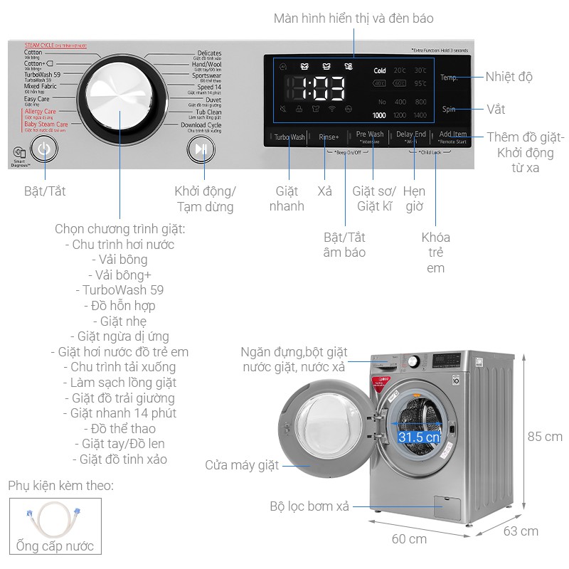 Miễn phí lắp đặt tại HN- Máy giặt LG Inverter 9 kg FV1409S2V - Hàng chính hãng ( Mới 2020)