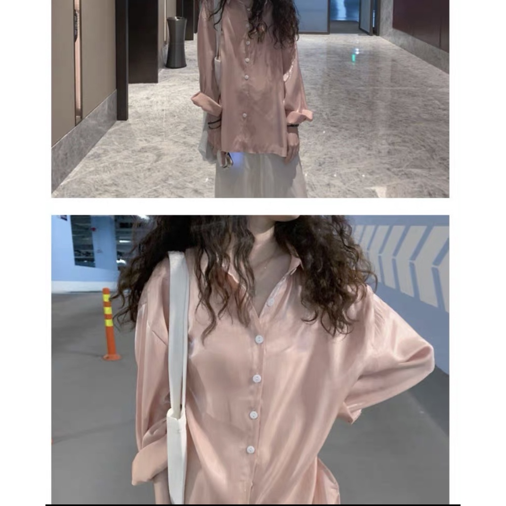 Áo sơ mi lụa mềm mại tay dài hồng pastel cho mùa hè năng động