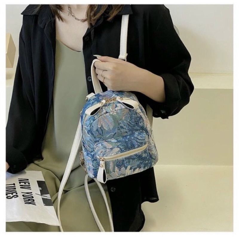 Balo mini vải chống nước hoạ tiết lá mùa hè siêu đẹp