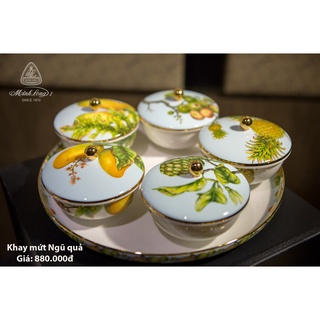 Bộ khay mứt Ngũ Quả - Sứ đẹp cao cấp, sang trọng, có nắp đậy tiện dụng,tặng quà tết - Minh Long I