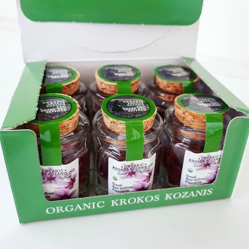Nhụy Hoa Nghệ Tây Saffron Organic Hy Lạp nhãn hiệu Krokos Kozanis lọ thủy tinh tem xanh 1g