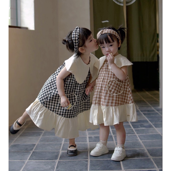 Váy Bé Gái CELINA V09 Đầm Trẻ Em Chất Liệu Thô Line Mix Cara Hoạ Tiết Kẻ Caro Màu Đen Xinh Xắn