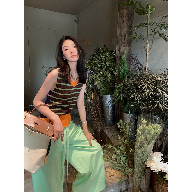 Áo Dệt Kim Cổ Chữ V Họa Tiết Kẻ Sọc Màu Sắc Tương Phản Thời Trang Mùa Hè Cho Nữ